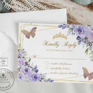 Purple Lilac Floral Butterflies Quinceañera RSVP Card INSTANT Download, Mis Quince 15 Anos Birthday Reply Editable Template Printable QC3