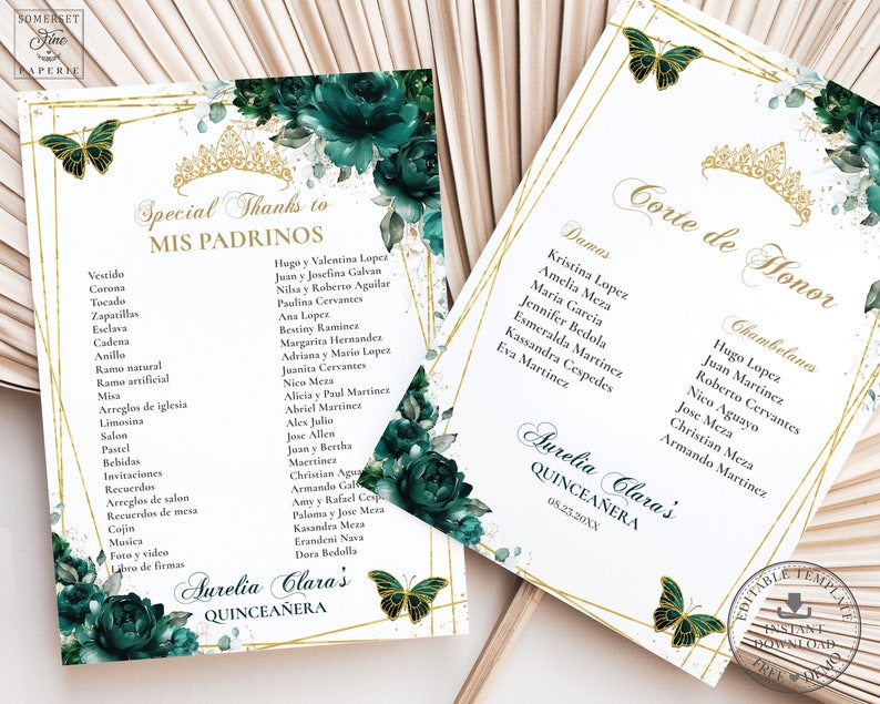 Emerald Green Floral Quinceañera Mis Padrinos List Printable Etsy