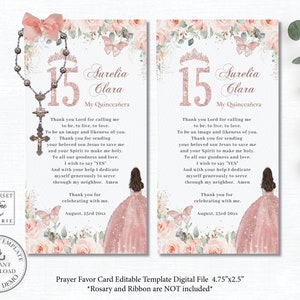 Prayer Card Rosary Favor Blush Pink Floral Rose Gold EDITABLE TEMPLATE Quinceañera Mis Quince 15 Birthday Crown Printable File Download QC45