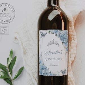 EDITABLE TEMPLATE Wine Bottle Labels, Baby Blue Floral Butterflies Quinceañera 15th Birthday Sweet 16 Crown Printable INSTANT Download QC18