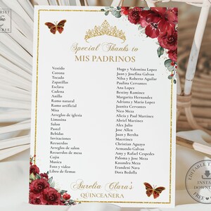 Pode incluir: Um cart&atilde;o de agradecimento para uma Quincea&ntilde;era com fundo branco e dourado. O cart&atilde;o apresenta uma lista de itens e os nomes das pessoas que contribu&iacute;ram para o evento. O cart&atilde;o &eacute; decorado com rosas vermelhas e borboletas.