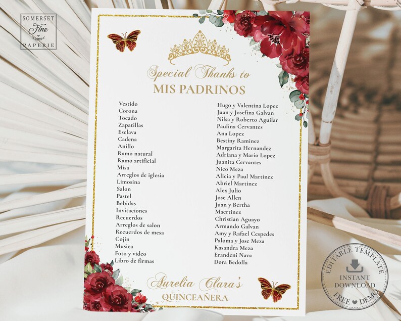Pode incluir: Um cart&atilde;o de agradecimento para uma Quincea&ntilde;era com fundo branco e dourado. O cart&atilde;o apresenta uma lista de itens e os nomes das pessoas que contribu&iacute;ram para o evento. O cart&atilde;o &eacute; decorado com rosas vermelhas e borboletas.
