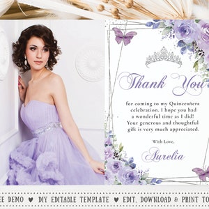 Purple Lilac Floral Butterflies Silver Quinceañera Picture Thank You EDITABLE TEMPLATE, Mis Quince 15 Anos Birthday, INSTANT Printable, QC3