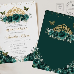 Emerald Green Floral Roses Quinceañera Invitation EDITABLE TEMPLATE Gold Crown Mis Quince 15 Anos Birthday, Instant Download Printable, QC9