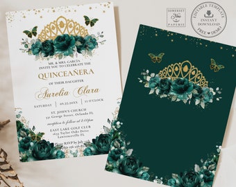Emerald Green Floral Roses Quinceañera Invitation EDITABLE TEMPLATE Gold Crown Mis Quince 15 Anos Birthday, Instant Download Printable, QC9