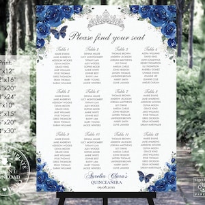 Royal Blue Floral Silver Quinceañera Seating Chart Printable EDITABLE TEMPLATE Mis Quince 15 Sweet 16 18th Birthday INSTANT Download QC16