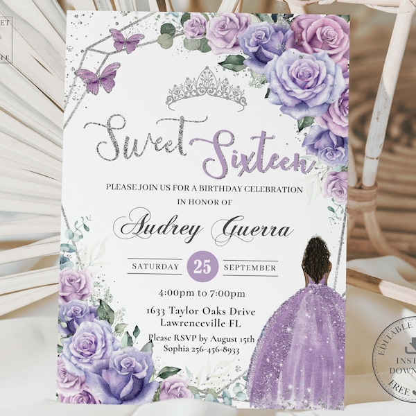 Lavender Lilac Purple Floral Silver Sweet 16 16th Birthday Invitation EDITABLE TEMPLATE Brown Princess Quinceañera INSTANT Download QC37