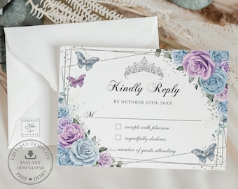 EDITABLE Template Baby Blue Purple Lilac Floral Silver Butterflies Quinceañera RSVP Card Printable Mis Quince 15 XV Sweet 16 Birthday QC29
