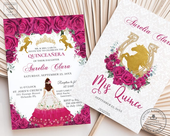 Hot Pink Floral Gold Horses Quinceaera Invitation Printable EDITABLE  TEMPLATE Mis Quince 15 Aos Charro Dress Princess Crown Birthday QC31 - Etsy