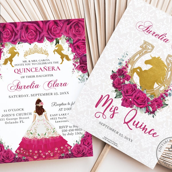 Hot Pink Floral Gold Horses Quinceañera Invitation Printable EDITABLE TEMPLATE Mis Quince 15 Años Charro Dress Princess Crown Birthday QC31