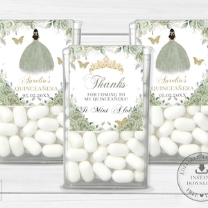Sage Green Floral Gold Princess Tic Tac Labels Printable EDITABLE TEMPLATE 15 Quinceañera 16th Birthday Mint Sticker Favors Download QC43