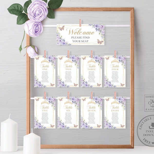 EDITABLE Purple Lilac Floral Gold Butterflies Table Seating Chart Find Your Seat Cards Quinceanera Sweet 16 Wedding Download Printable QC3