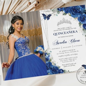 Royal Blue Floral Butterflies Quinceañera Photo Invitation EDITABLE TEMPLATE, Mis Quince 15 Anos Birthday Instant Download Printable, QC16