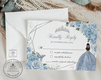 Baby Blue Floral Silver Quinceañera RSVP Card Printable EDITABLE TEMPLATE, Princess Butterflies Mis Quince 15 Anos Sweet 16th Birthday, QC18