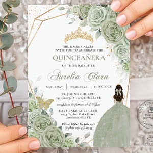 Sage Green Floral Gold Quinceañera Invitation, INSTANT DOWNLOAD, Mis Quince 15 Anos Birthday Invite Printable, Diy EDITABLE Template, QC43