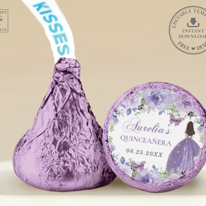 EDITABLE TEMPLATE Hershey's Kisses Round Label Printable Purple Lilac Floral Princess Quinceaneara 15 Birthday Sweet 16 INSTANT Download QC3