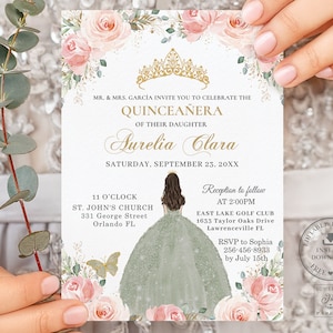Blush Pink Floral Roses Quinceañera Invitation Printable EDITABLE TEMPLATE Sage Green Dress Mis Quince 15 Anos Birthday INSTANT Download QC7