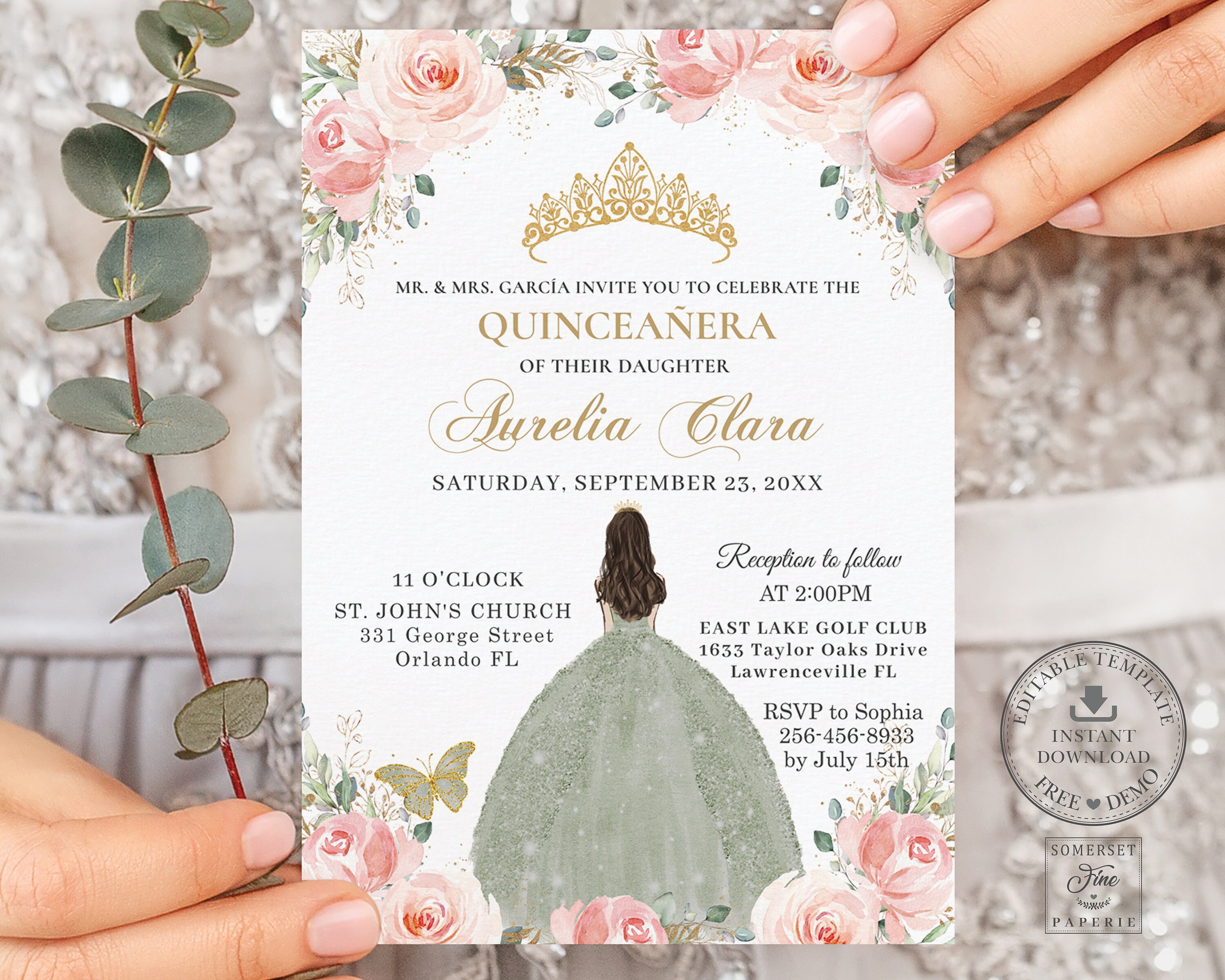 Blush Pink Floral Roses Quinceañera Invitation Printable EDITABLE  