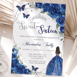 Royal Blue Floral Silver Sweet 16 Sixteen 16th Birthday Invitation EDITABLE TEMPLATE, Quinceañera Princess Butterflies Invite Printable QC16
