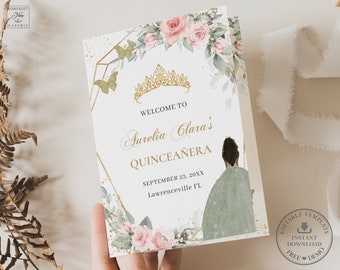 EDITABLE Blush Floral Sage Green Dress Brown Princess Butterflies Quinceañera Program Printable Padrinos Damas Order of Events Birthday BP2