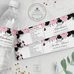 Black Pink Floral Quinceanera Water Bottle Label EDITABLE TEMPLATE Butterfly Sweet 16 15th Birthday Wrapper Sticker Printable Download QC87
