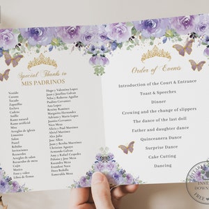 Purple Lilac Floral Gold Butterflies Quinceañera Program Printable EDITABLE TEMPLATE Padrinos Damas Order of Events Mis Quince Birthday QC3