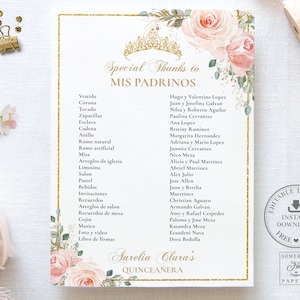 Blush Pink Floral Butterfly Quinceañera Padrinos List Printable, EDITABLE TEMPLATE Mis Quince 15 Anos Princess Birthday INSTANT Download QC7