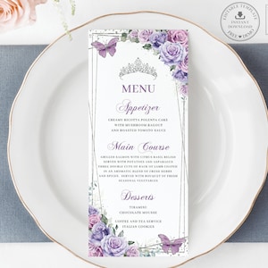 EDITABLE Purple Lavender Lilac Roses Floral Silver Butterflies Quinceañera Slim Menu Sweet 16 Birthday Mis Quince XV Printable Download QC37
