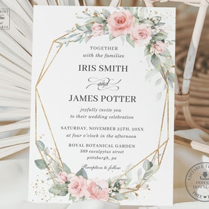 Chic Soft Blush Pink Floral Grün Hochzeitseinladung druckbare EDITIERBARE VORLAGE Braut Baby Geburtstag Gold Geometrische INSTANT Download BP1