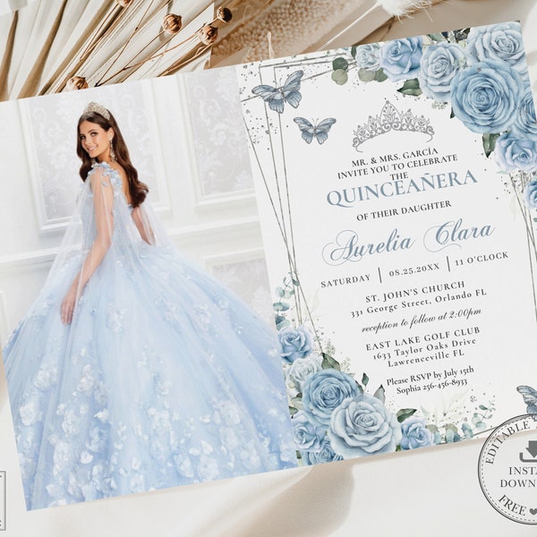 Baby Blue Floral Silver Butterflies Quinceañera Photo Invitation Printable, EDITABLE TEMPLATE, Mis Quince 15 Birthday INSTANT Download, QC18