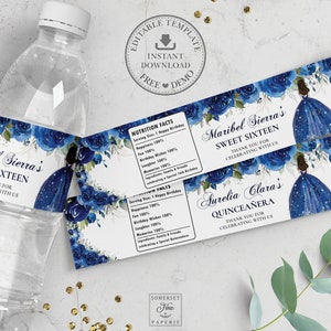 Royal Blue Floral Silver Quinceanera Water Bottle Label EDITABLE TEMPLATE 15th 16th Birthday Wrapper Sticker Printable INSTANT Download QC16