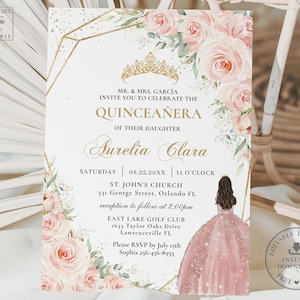 Soft Blush Floral Roses Quinceañera Invitation Printable EDITABLE TEMPLATE, Crown Rose Gold Mis Quince 15 XV Birthday Instant Download QC7