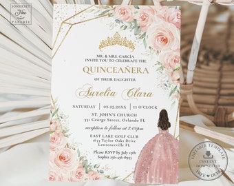 Soft Blush Floral Roses Quinceañera Invitation Printable EDITABLE TEMPLATE, Crown Rose Gold Mis Quince 15 Anos Birthday INSTANT Download QC7
