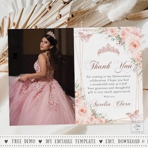 Blush Floral Rose Gold Butterflies Quinceañera Photo Thank You Card EDITABLE TEMPLATE Quince 15 XV Sweet16 Birthday Instant Download QC45