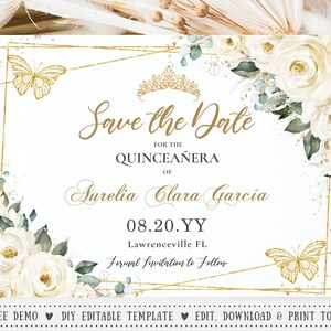 Op de afbeelding: Save the Date kaart met een gouden frame en witte bloemen. De tekst luidt "Save the Date for the Quinceañera of Aurelia Clara Garcia 08.20.YY Lawrenceville FL Formal Invitation to Follow"