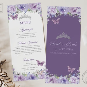 Purple Lilac Floral Silver Quinceañera Menu EDITABLE TEMPLATE Butterflies Sweet 16 Birthday Mis Quince Anos Printable INSTANT Download QC3