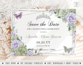 May include: A save the date card for a Quinceañera celebration. The card features a silver crown, butterflies, and watercolour flowers in shades of purple and green. The text reads "Save the Date for a Quinceañera Celebration Honoring Surelia Clara García 08.20.YY Lawrenceville FL Formal Invitation to Follow".