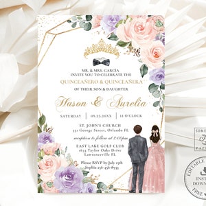 Lilac Blush Floral Quinceañera Twins Boy Girl Quinceañera Quinceañero Invitation EDITABLE TEMPLATE Quince 15 XV 16th Birthday Printable QC41