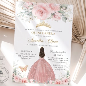 Blush Floral Rose Gold Dress Butterflies Quinceañera Invitation INSTANT DOWNLOAD Mis Quince 15 Anos Birthday EDITABLE Template Printable BP1