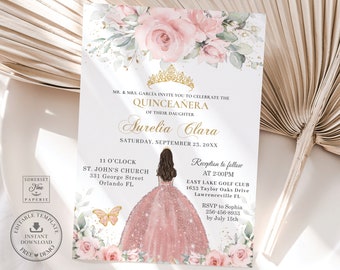 May include: A pink and gold Quinceañera invitation with a floral design. The invitation includes the text "MR. & MRS. GARCIA INVITE YOU TO CELEBRATE THE QUINCEAÑERA OF THEIR DAUGHTER AURELIA CLARA SATURDAY, SEPTEMBER 23, 20XX 11 O'CLOCK ST. JOHN'S CHURCH 331 George Street Orlando FL Reception to follow AT 2:00PM EAST LAKE GOLF CLUB 1633 Taylor Oaks Drive Lawrenceville FL RSVP to Sophia 256-456-8933 by July 15th".