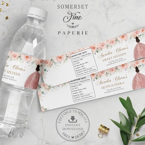 Blush Pink Floral Quinceanera Water Bottle Label, EDITABLE TEMPLATE, 15th 16th Birthday Wrapper Sticker Printable, INSTANT Download QC7