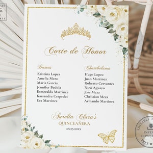 White Ivory Floral Gold Quinceañera Mis Padrinos List Printable ...
