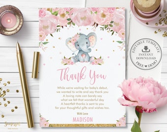 May include: Pink and gold thank you card featuring a watercolour illustration of a grey elephant with pink ears and a floral wreath. The text on the card reads "Thank You" and includes a message thanking guests for their thoughtful gifts and wishes.