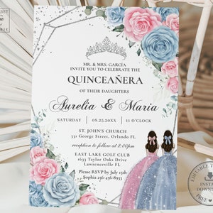 Baby Blue Pink Floral Silver Quinceañera Invitation DESCARGA INSTANTÁNEA Mis Quince 15 Twins Sisters Birthday Invite Diy Editable Template QC33