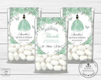 Mint Green Floral Silver Princess Tic Tac Labels Printable EDITABLE TEMPLATE 15 Quinceañera 16th Birthday Mints Sticker Favors Download QC89