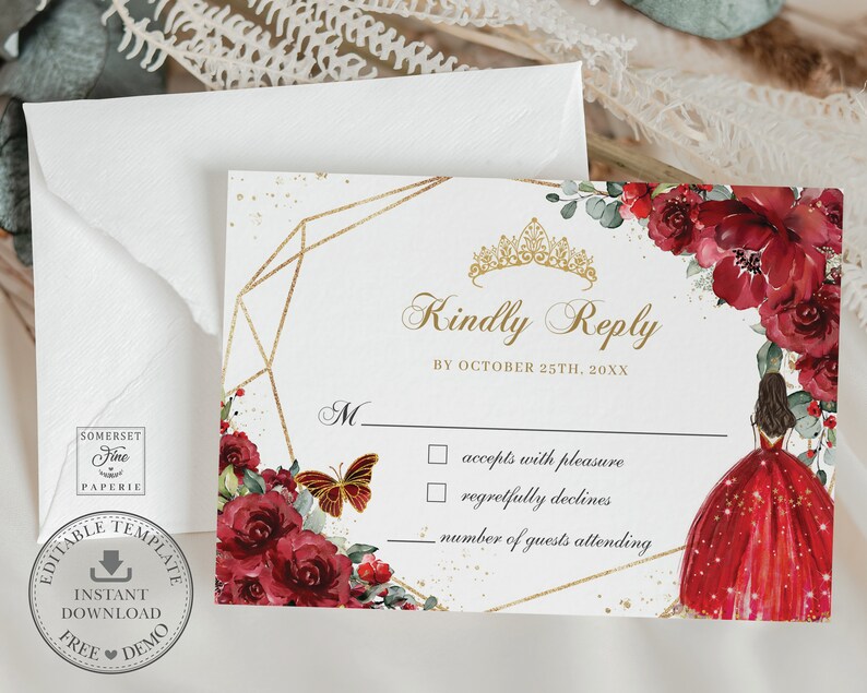 Pode incluir: Um cart&atilde;o RSVP branco com formas geom&eacute;tricas douradas e detalhes florais vermelhos. O cart&atilde;o tem uma coroa dourada e o texto "Kindly Reply by October 25th, 20XX". Existem duas caixas de sele&ccedil;&atilde;o para aceitar ou recusar o convite e uma linha para o n&uacute;mero de convidados que ir&atilde;o comparecer.