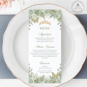 Sage Green Floral Gold Quinceañera Slim Menu EDITABLE TEMPLATE Butterflies Sweet 16 Birthday Mis XV Quince Anos Digital File Download QC43