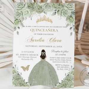 Sage Green Floral Gold Quinceañera Invitation EDITABLE TEMPLATE Mis Quince 15 Anos 16th Birthday Diy Invite Printable INSTANT Download, QC43