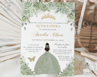 May include: Green and gold quinceañera invitation with a watercolor floral design. The invitation features a crown, a butterfly, and a silhouette of a girl in a green dress. The text reads "Mr. & Mrs. Garcia invite you to celebrate the Quinceañera of their daughter Aurelia Clara, Saturday, September 23, 20XX, 11 o'clock, St. John's Church, 331 George Street, Orlando FL, Reception to follow at 2:00PM, East Lake Golf Club, 1633 Taylor Oaks Drive, Lawrenceville FL, RSVP to Sophia 256-456-8933 by July 15th."