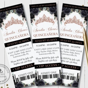 Chic Black Floral Rose Gold Crown Quinceañera VIP Ticket Invitation EDITABLE TEMPLATE Mis Quince 15 Birthday Instant Download Printable QC25